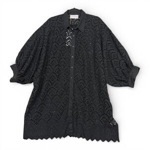 Sundress Dress Womens M L Black Florine Scallop Hem Button Front Resort NEW